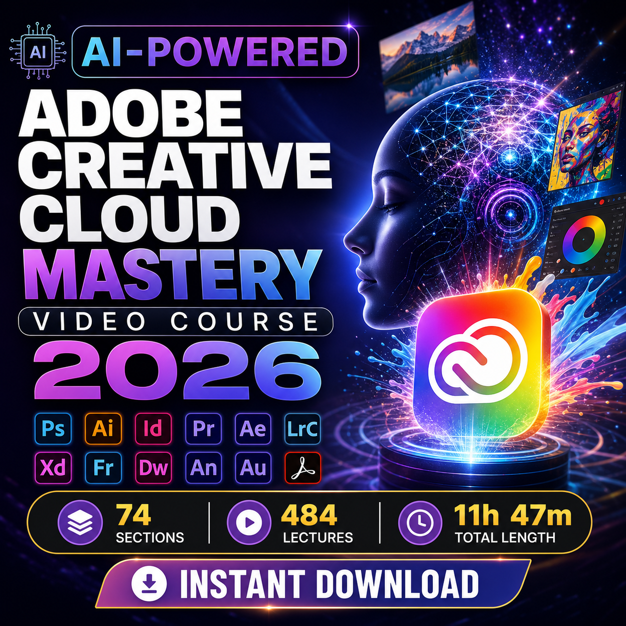 Adobe Creative Cloud Course Bundle, AI Graphic Design Masterclass 2026, Photoshop Illustrator Premiere Pro Video Tutorial, Beginner to Pro