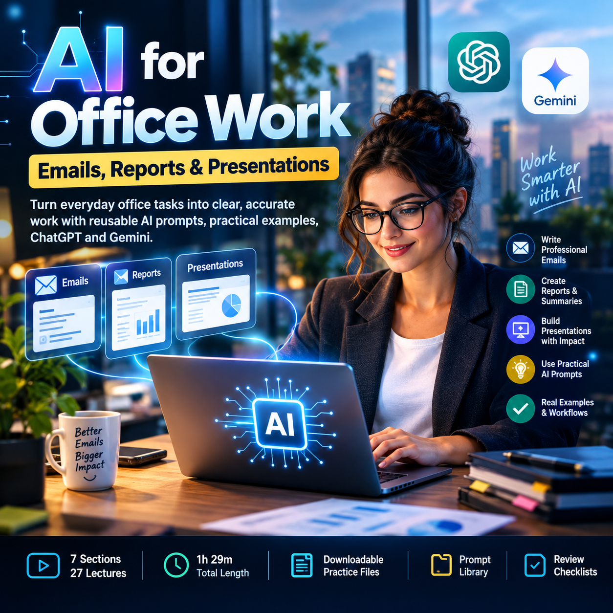 AI Office Work Course: ChatGPT Gemini Prompts for Emails, Reports & Presentations